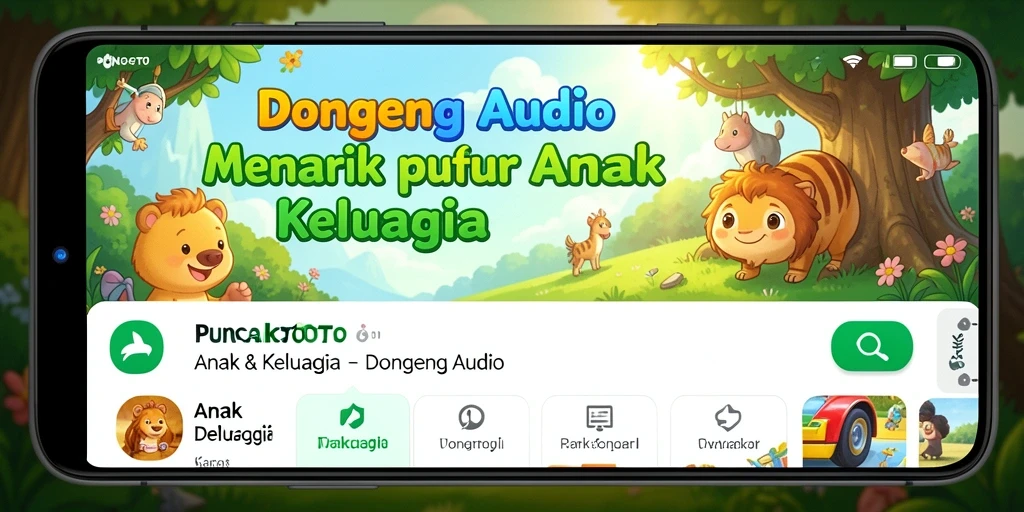 Tampilan antarmuka PUNCAKTOTO yang ramah anak dengan berbagai cerita dongeng audio.